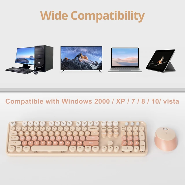 Alt view image 7 of 7 - Vumilstek Cute Keyboard and Mouse Combo Wireless, 2.4G Full Size 104-Key Retro Typewriter Keyboards Round Keys for Students Teenagers Home Office PC Laptop(Diary Milk Tea)