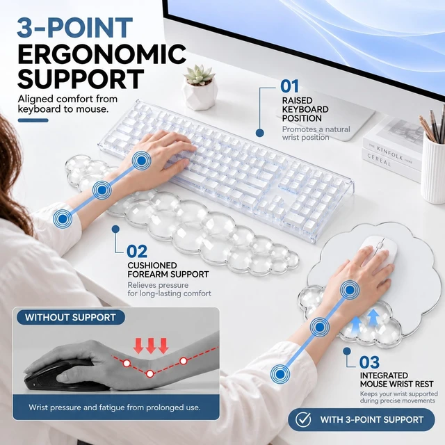 Alt view image 4 of 7 - Keyboard Stand with Wrist Rest and Mouse Pad, Acrylic Keyboard Riser, Clear|Gel Cloud Keyboard Wrist Rest,Ergonomic Wrist Support, Non-Slip 3-in-1 Set, Typing Comfort for Home Office, Study and Gaming