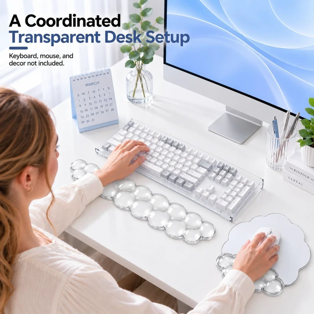 Alt view image 7 of 7 - Keyboard Stand with Wrist Rest and Mouse Pad, Acrylic Keyboard Riser, Clear|Gel Cloud Keyboard Wrist Rest,Ergonomic Wrist Support, Non-Slip 3-in-1 Set, Typing Comfort for Home Office, Study and Gaming