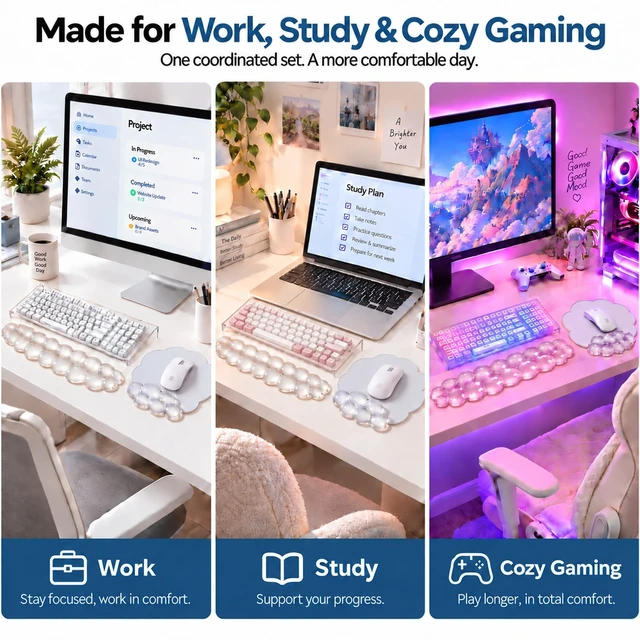 Alt view image 6 of 7 - Keyboard Stand with Wrist Rest and Mouse Pad, Acrylic Keyboard Riser, Clear|Gel Cloud Keyboard Wrist Rest,Ergonomic Wrist Support, Non-Slip 3-in-1 Set, Typing Comfort for Home Office, Study and Gaming