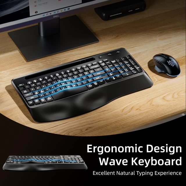 Alt view image 2 of 7 - Hamile Ergonomic Wireless Keyboard and Mouse Combo, Wave Keys Full Size Keyboards with Wrist Rest for Natural Typing,Quiet Backlit Mice,Phone Holder,2.4G Wireless for Computer/Laptop/Windows/Mac,Black