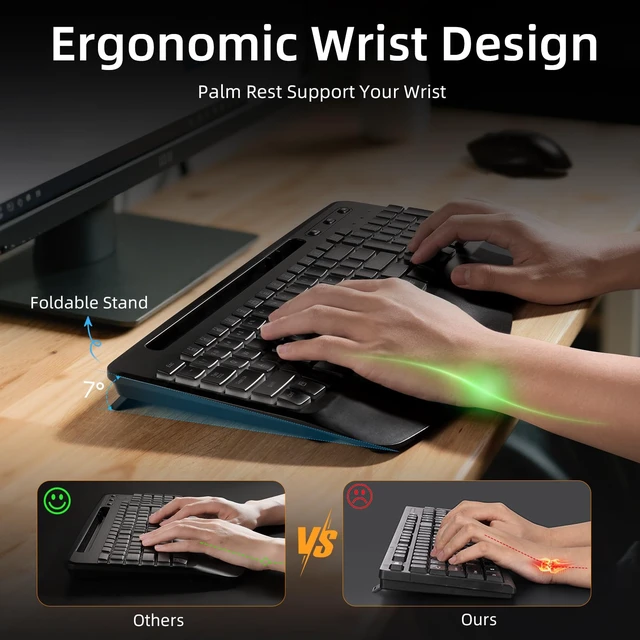 Alt view image 3 of 7 - Hamile Ergonomic Wireless Keyboard and Mouse Combo, Wave Keys Full Size Keyboards with Wrist Rest for Natural Typing,Quiet Backlit Mice,Phone Holder,2.4G Wireless for Computer/Laptop/Windows/Mac,Black
