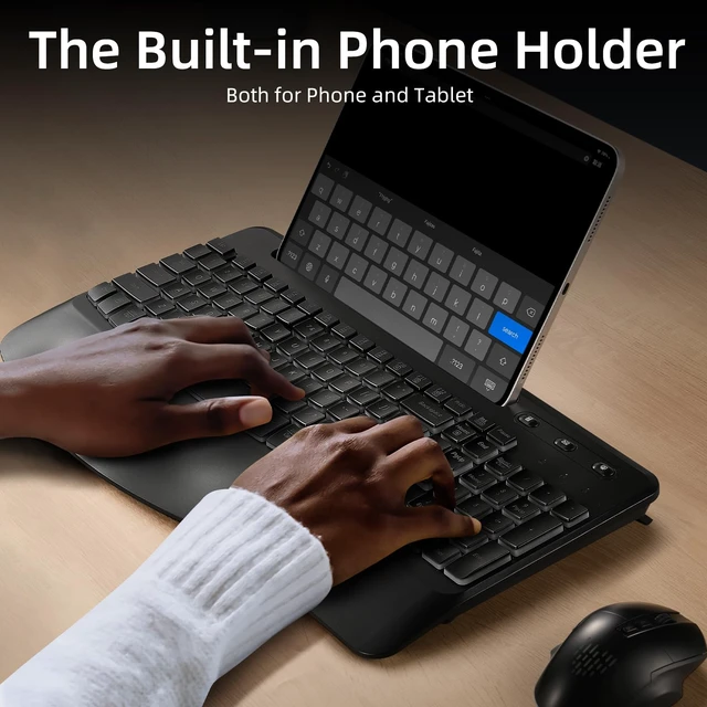 Alt view image 6 of 7 - Hamile Ergonomic Wireless Keyboard and Mouse Combo, Wave Keys Full Size Keyboards with Wrist Rest for Natural Typing,Quiet Backlit Mice,Phone Holder,2.4G Wireless for Computer/Laptop/Windows/Mac,Black