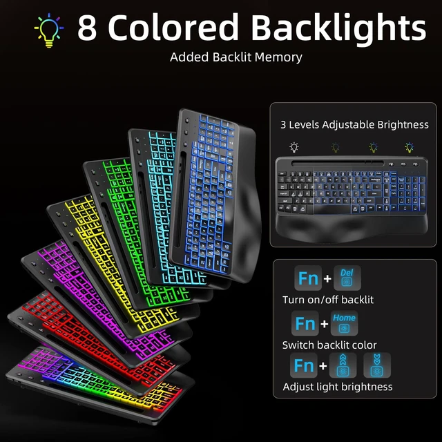 Alt view image 5 of 7 - Hamile Ergonomic Wireless Keyboard and Mouse Combo, Wave Keys Full Size Keyboards with Wrist Rest for Natural Typing,Quiet Backlit Mice,Phone Holder,2.4G Wireless for Computer/Laptop/Windows/Mac,Black