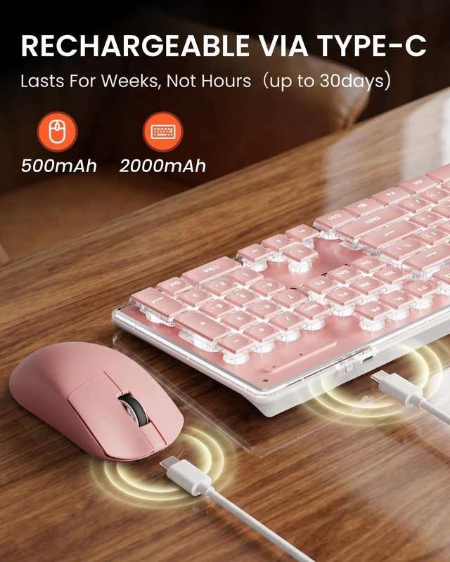 Alt view image 4 of 7 - Wireless Keyboard and Mouse Combo, White Backlit, Rechargeable - Pink | Light-Up Letters, Full Size, Soft Tactile Click Typing, Quiet Mouse, 2.4GHz Wireless Set for PC Laptop Windows Mac OS, EWEADN
