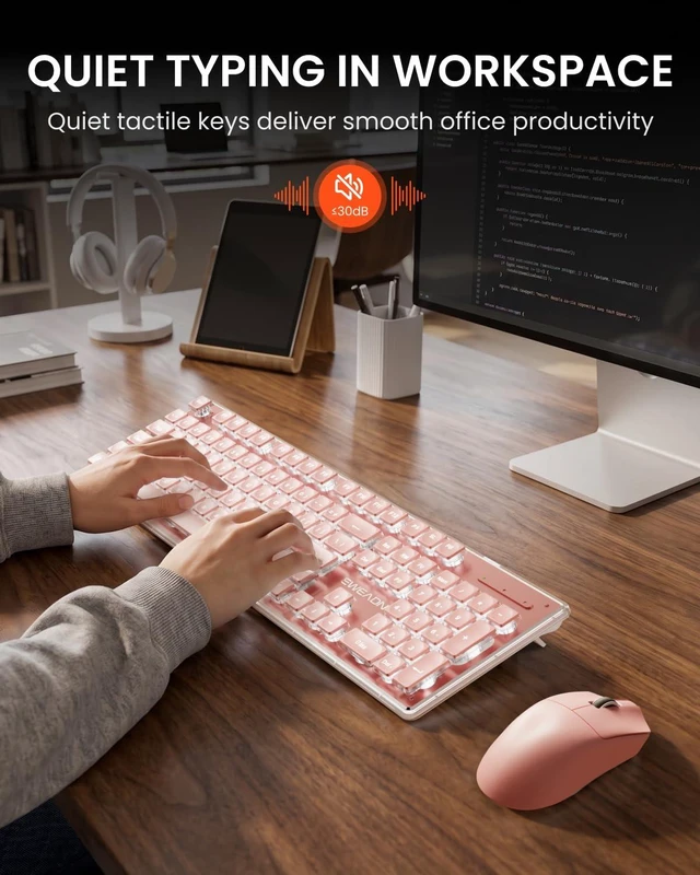 Alt view image 5 of 7 - Wireless Keyboard and Mouse Combo, White Backlit, Rechargeable - Pink | Light-Up Letters, Full Size, Soft Tactile Click Typing, Quiet Mouse, 2.4GHz Wireless Set for PC Laptop Windows Mac OS, EWEADN
