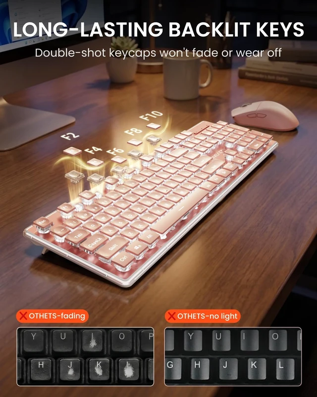 Alt view image 6 of 7 - Wireless Keyboard and Mouse Combo, White Backlit, Rechargeable - Pink | Light-Up Letters, Full Size, Soft Tactile Click Typing, Quiet Mouse, 2.4GHz Wireless Set for PC Laptop Windows Mac OS, EWEADN
