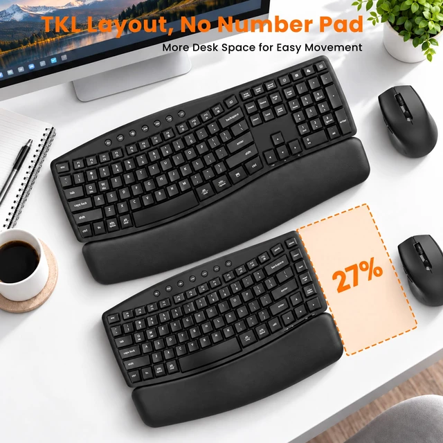 Alt view image 2 of 7 - SABLUTE Wireless Ergonomic Keyboard and Mouse Combo, Wave Key Layout, Black | Padded PU wrist rest, low-noise typing up to 30 dB, one 2.4G USB-A/USB-C receiver, quiet left/right clicks for office work