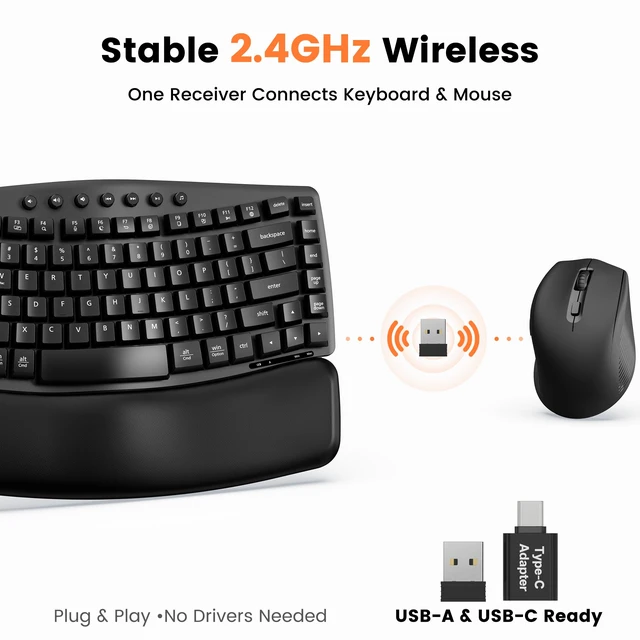 Alt view image 7 of 7 - SABLUTE Wireless Ergonomic Keyboard and Mouse Combo, Wave Key Layout, Black | Padded PU wrist rest, low-noise typing up to 30 dB, one 2.4G USB-A/USB-C receiver, quiet left/right clicks for office work