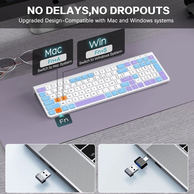 Alt view image 2 of 7 - JOYACCESS Wireless Keyboard,Ergonomic Computer Keyboard,Silent Compact Cordless,Low Profile with Numeric Pad for Mac/Windows/PC/Desktop/Laptop-Purple Blue