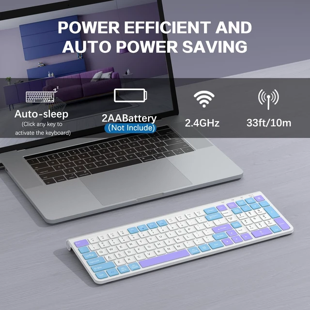 Alt view image 4 of 7 - JOYACCESS Wireless Keyboard,Ergonomic Computer Keyboard,Silent Compact Cordless,Low Profile with Numeric Pad for Mac/Windows/PC/Desktop/Laptop-Purple Blue