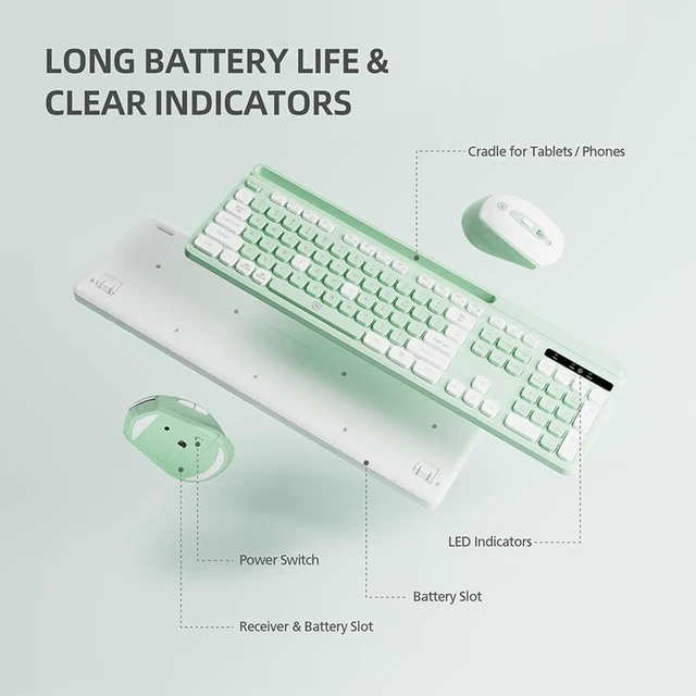Alt view image 6 of 7 - Wireless Keyboard and Mouse Combo for Windows & Mac OS, Full-Size Keyboard and Mouse Colorful with USB Receiver&Phone Cradle for Laptop Computer MacBook, Green