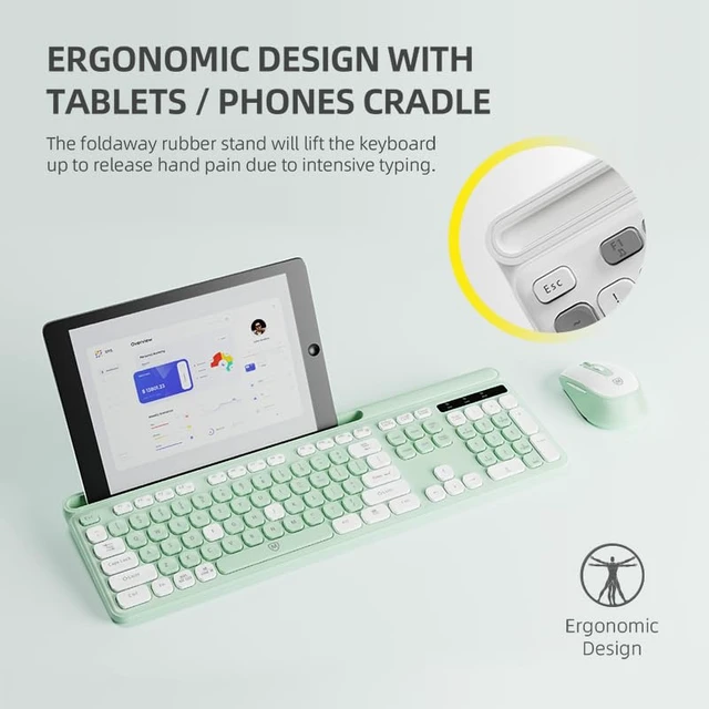 Alt view image 4 of 7 - Wireless Keyboard and Mouse Combo for Windows & Mac OS, Full-Size Keyboard and Mouse Colorful with USB Receiver&Phone Cradle for Laptop Computer MacBook, Green