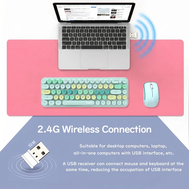 Alt view image 2 of 7 - Compact Wireless Keyboard and Mouse Combo, Colorful Round Keycap, Soundless 68 Keys, Suitable for Girls and Kids, Compatible with Notebook, PC (Blue)