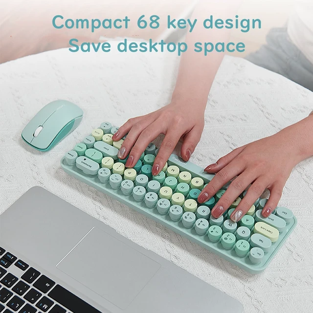 Alt view image 4 of 7 - Compact Wireless Keyboard and Mouse Combo, Colorful Round Keycap, Soundless 68 Keys, Suitable for Girls and Kids, Compatible with Notebook, PC (Blue)