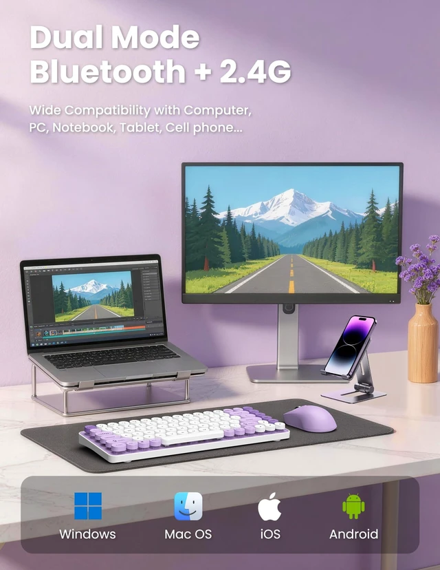 Alt view image 2 of 7 - LAMA Bluetooth/ 2.4GHz Wireless Keyboard and Mouse Combo, Retro 85 Keys Round Keyboard Mouse Set, Adjustable DPI Mouse, Silent Keyboard, Cute Mouse for PC, Windows, MAC, Desktop,Laptop, (PL)