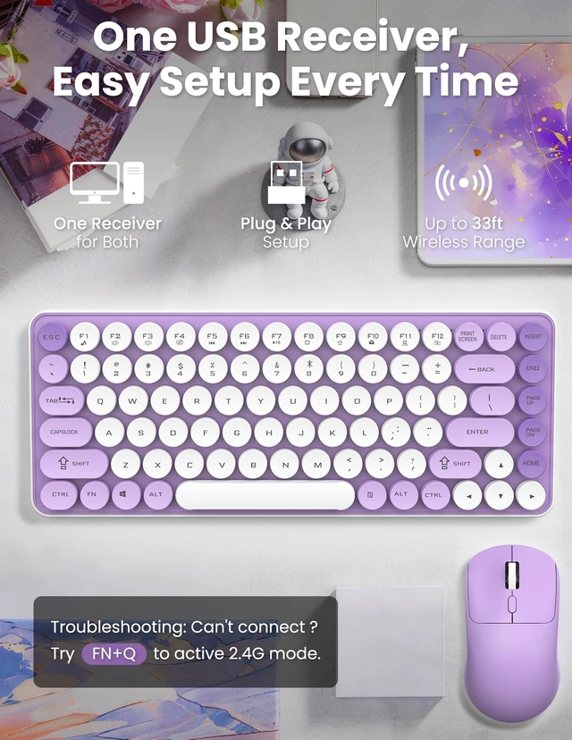 Alt view image 4 of 7 - LAMA Bluetooth/ 2.4GHz Wireless Keyboard and Mouse Combo, Retro 85 Keys Round Keyboard Mouse Set, Adjustable DPI Mouse, Silent Keyboard, Cute Mouse for PC, Windows, MAC, Desktop,Laptop, (PL)