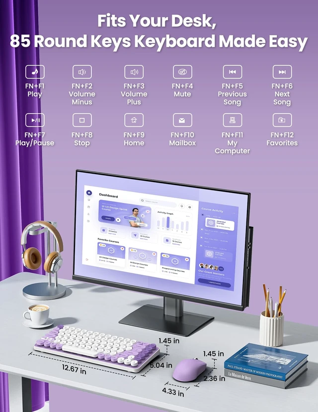 Alt view image 6 of 7 - LAMA Bluetooth/ 2.4GHz Wireless Keyboard and Mouse Combo, Retro 85 Keys Round Keyboard Mouse Set, Adjustable DPI Mouse, Silent Keyboard, Cute Mouse for PC, Windows, MAC, Desktop,Laptop, (PL)