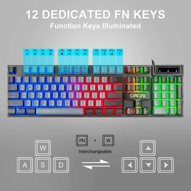 Alt view image 3 of 7 - CHONCHOW Gaming Keyboard Mouse Set Wired LED Backlit 1913 | Light Up Illumination,19 Anti-ghosting&12Multimedia Keys, Lock Win,QWERT for Pc/Laptop/Xbox