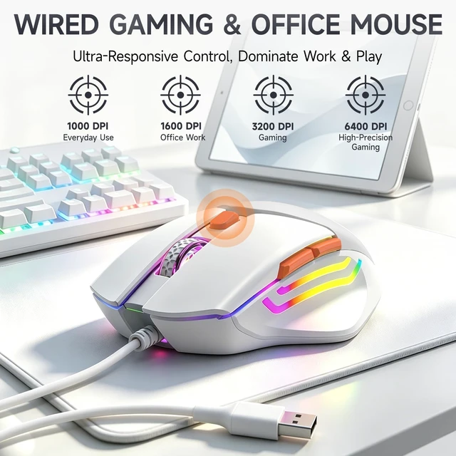 Alt view image 3 of 7 - Wired RGB Keyboard and Mouse Combo, Adjustable Rainbow Backlit, 104-Key Full-Size with Numpad, 6400 DPI Ergonomic High-Precision Mouse, Plug & Play, for PC Laptop Mac Windows Mac Office Gaming (White)