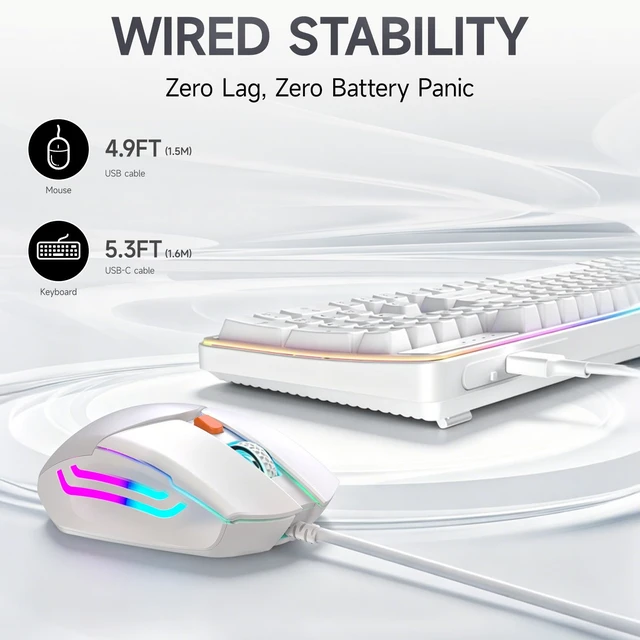 Alt view image 4 of 7 - Wired RGB Keyboard and Mouse Combo, Adjustable Rainbow Backlit, 104-Key Full-Size with Numpad, 6400 DPI Ergonomic High-Precision Mouse, Plug & Play, for PC Laptop Mac Windows Mac Office Gaming (White)