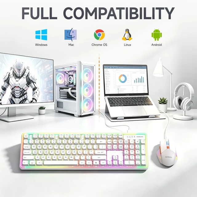 Alt view image 5 of 7 - Wired RGB Keyboard and Mouse Combo, Adjustable Rainbow Backlit, 104-Key Full-Size with Numpad, 6400 DPI Ergonomic High-Precision Mouse, Plug & Play, for PC Laptop Mac Windows Mac Office Gaming (White)