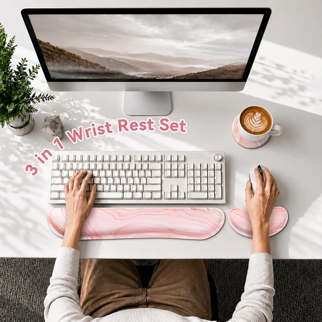 Alt view image 2 of 7 - Retuhapy Keyboard Wrist Rest Set, Gel Memory Foam, 3-Piece, Pink Marble | Silky Wrist Rest for Computer Keyboard and Mouse Pad, Ergonomic Wrist Support for Typing Pain Relief, Office Desk Accessories