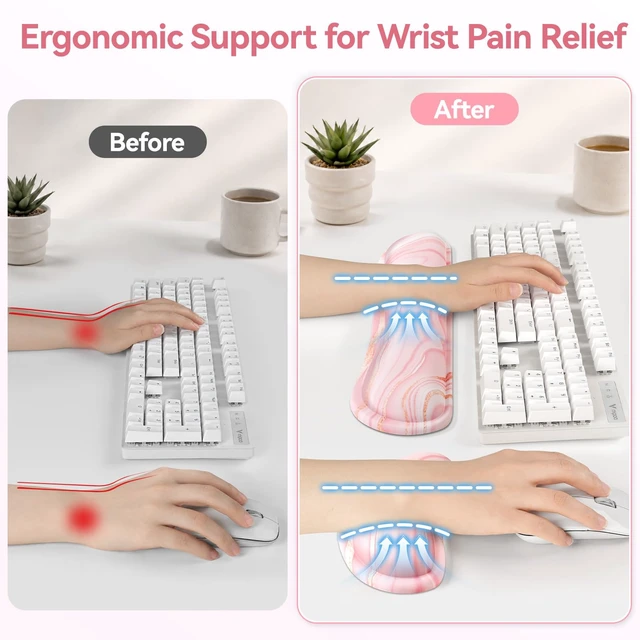 Alt view image 3 of 7 - Retuhapy Keyboard Wrist Rest Set, Gel Memory Foam, 3-Piece, Pink Marble | Silky Wrist Rest for Computer Keyboard and Mouse Pad, Ergonomic Wrist Support for Typing Pain Relief, Office Desk Accessories
