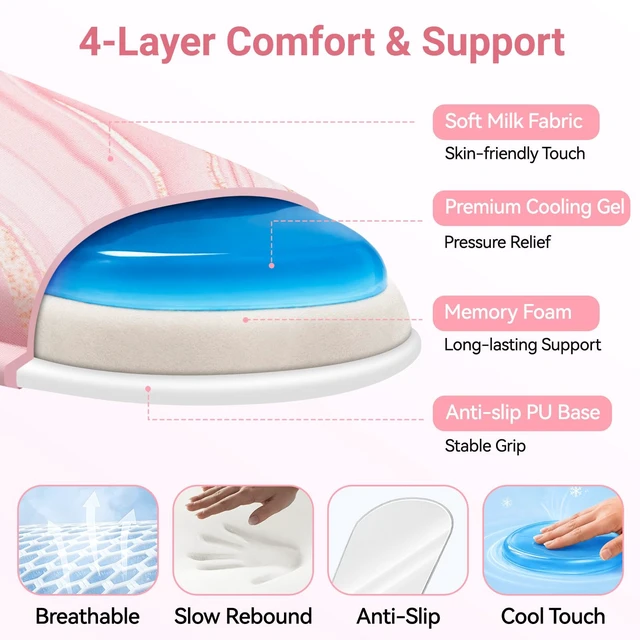 Alt view image 4 of 7 - Retuhapy Keyboard Wrist Rest Set, Gel Memory Foam, 3-Piece, Pink Marble | Silky Wrist Rest for Computer Keyboard and Mouse Pad, Ergonomic Wrist Support for Typing Pain Relief, Office Desk Accessories