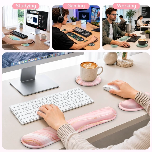 Alt view image 7 of 7 - Retuhapy Keyboard Wrist Rest Set, Gel Memory Foam, 3-Piece, Pink Marble | Silky Wrist Rest for Computer Keyboard and Mouse Pad, Ergonomic Wrist Support for Typing Pain Relief, Office Desk Accessories