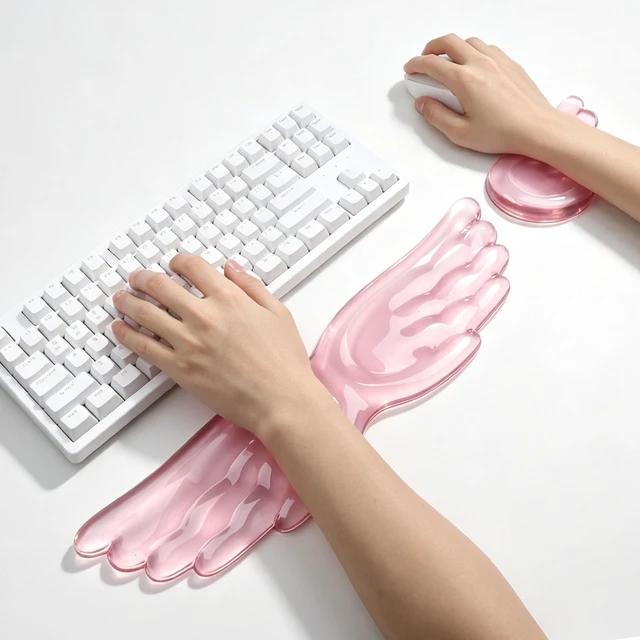 Main image of Angel Wing Gel Wrist Rest for Keyboard and Mouse Pad Set - Pink | Ergonomic Clear Computer Keyboard Wrist Pad Support for Pain Relief, Non-Slip Desk Accessories for Office and Home