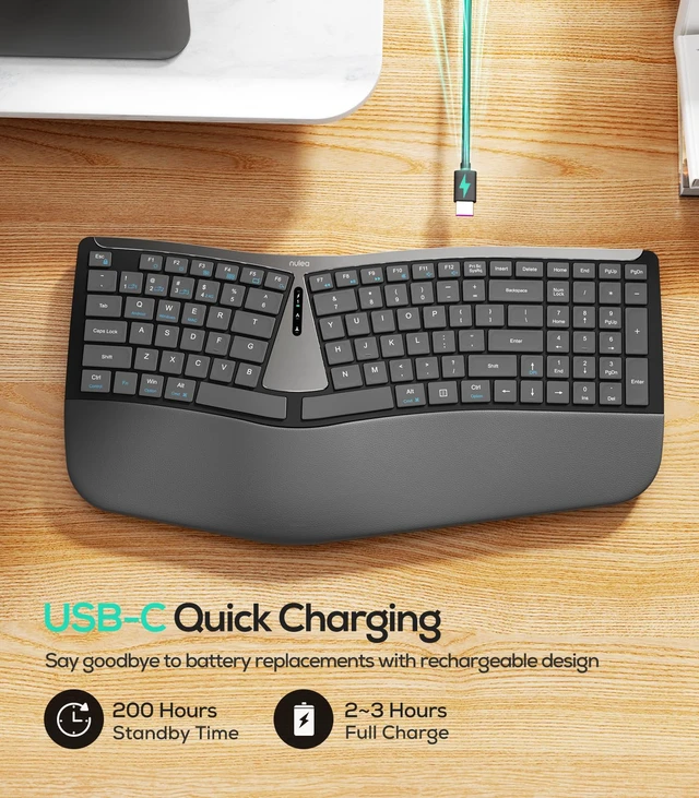 Alt view image 6 of 7 - Nulea Ergonomic Split Wireless Keyboard with Cushioned Wrist Rest | Bluetooth and 2.4G Connection with USB-C Charging, Multi Device Support for Laptop, PC, Mac and Windows