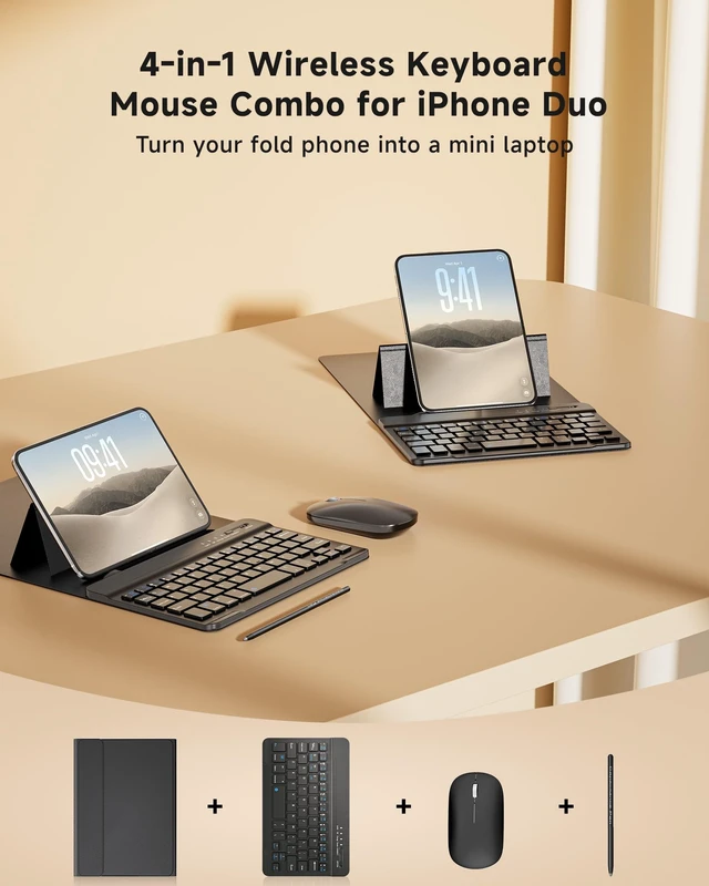 Alt view image 2 of 7 - Compatible with iPhone Duo 4-in-1 Mini Wireless Keyboard and Mouse Combo | 7.9" Compact Small Keyboard, Mouse & Stylus Pen, Leather Cover, Portable Accessories for iPhone Duo, for Travel & Office Use