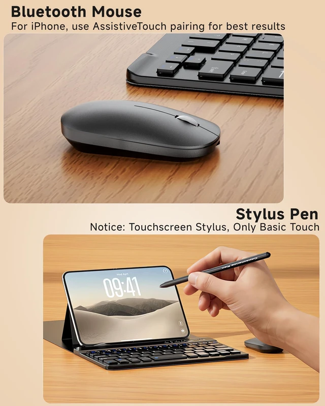 Alt view image 6 of 7 - Compatible with iPhone Duo 4-in-1 Mini Wireless Keyboard and Mouse Combo | 7.9" Compact Small Keyboard, Mouse & Stylus Pen, Leather Cover, Portable Accessories for iPhone Duo, for Travel & Office Use