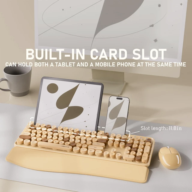 Alt view image 2 of 6 - UBOTIE Wireless Keyboard and Mouse Combo, Phone Holder (Milk-Tea) | Ergonomic Wrist Rest, Round Colorful Keys, Power Switches, 2.4GHz USB Receiver, Full-Size QWERTY Layout for PC Laptop