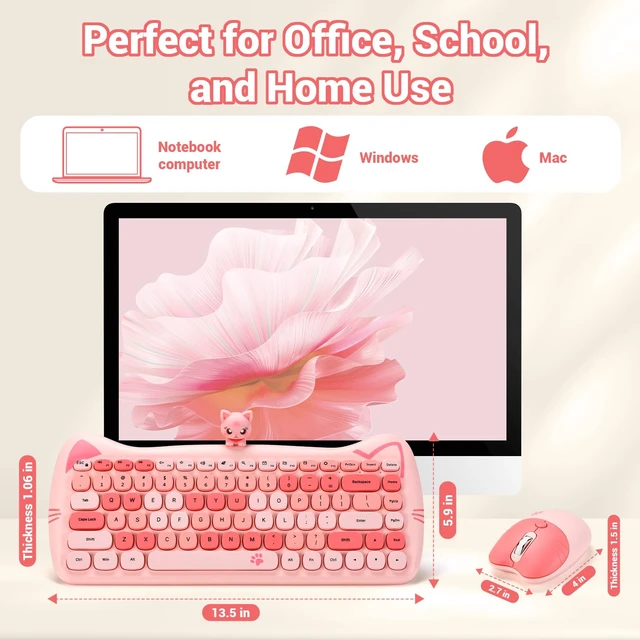 Alt view image 3 of 7 - Cute Cat Keyboard and Mouse Combo with Magnetic Cat Figure Wireless 2.4GHz, Compact Design, for Laptop & Desktop