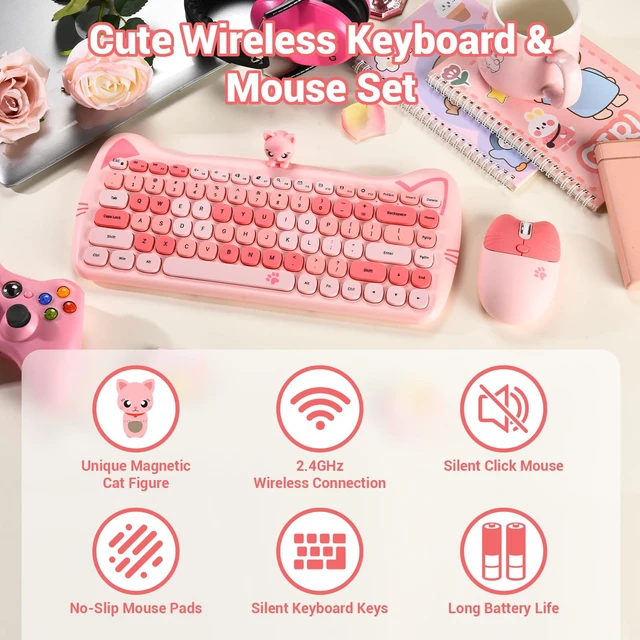 Alt view image 4 of 7 - Cute Cat Keyboard and Mouse Combo with Magnetic Cat Figure Wireless 2.4GHz, Compact Design, for Laptop & Desktop