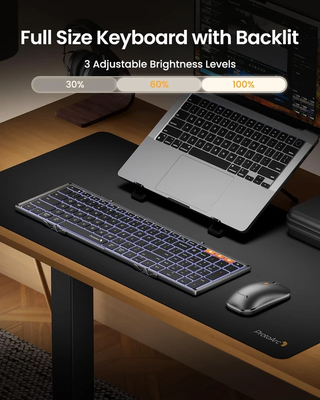Alt view image 2 of 7 - ProtoArc XKM01 Pro Backlit Foldable Keyboard and Mouse, Full Size, Gray | 105 Keys, 0.65 in Keycaps,3 Brightness Levels, Multi-device Switching, USB-C Charging, for Travel Business Night Typing