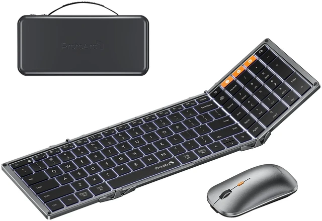 Main image of ProtoArc XKM01 Pro Backlit Foldable Keyboard and Mouse, Full Size, Gray | 105 Keys, 0.65 in Keycaps,3 Brightness Levels, Multi-device Switching, USB-C Charging, for Travel Business Night Typing