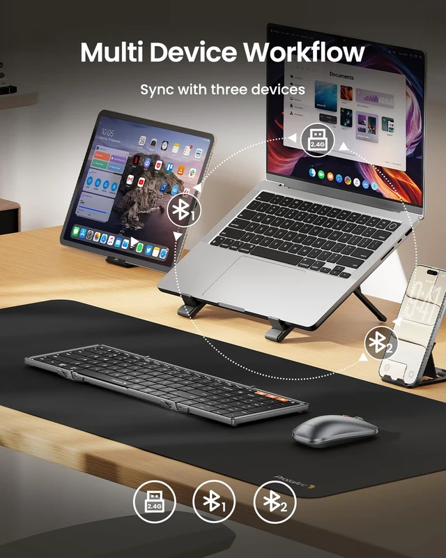 Alt view image 5 of 7 - ProtoArc XKM01 Pro Backlit Foldable Keyboard and Mouse, Full Size, Gray | 105 Keys, 0.65 in Keycaps,3 Brightness Levels, Multi-device Switching, USB-C Charging, for Travel Business Night Typing