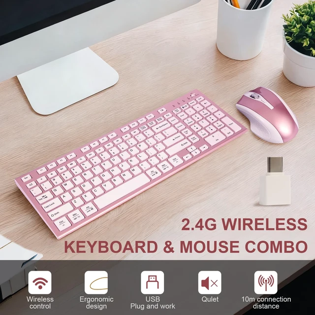 Alt view image 2 of 7 - Wireless Keyboard and Mouse Set, 2.4G USB Silent Ultra-Thin Compact Full-Size Keyboard, Compatible with PC, Windows, Mac, MacBook (Rose Gold)
