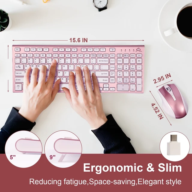 Alt view image 3 of 7 - Wireless Keyboard and Mouse Set, 2.4G USB Silent Ultra-Thin Compact Full-Size Keyboard, Compatible with PC, Windows, Mac, MacBook (Rose Gold)