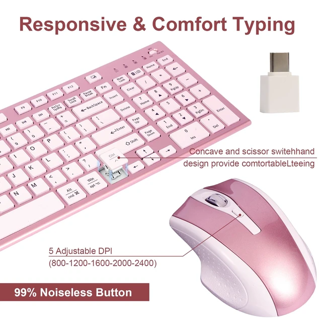 Alt view image 4 of 7 - Wireless Keyboard and Mouse Set, 2.4G USB Silent Ultra-Thin Compact Full-Size Keyboard, Compatible with PC, Windows, Mac, MacBook (Rose Gold)