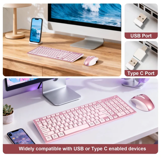 Alt view image 5 of 7 - Wireless Keyboard and Mouse Set, 2.4G USB Silent Ultra-Thin Compact Full-Size Keyboard, Compatible with PC, Windows, Mac, MacBook (Rose Gold)
