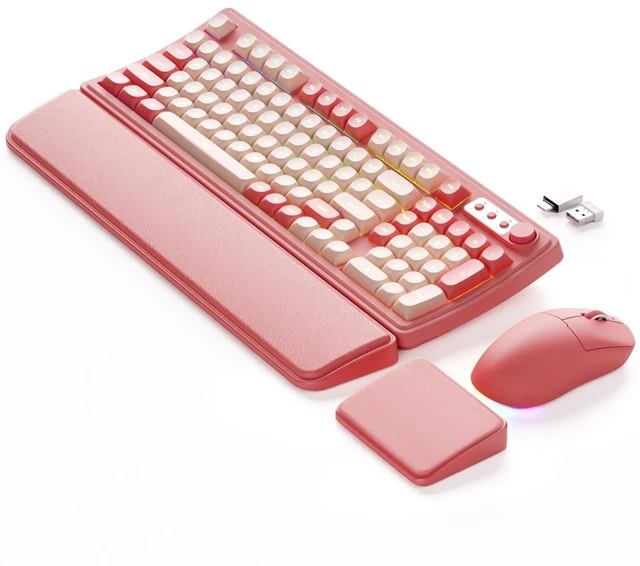 Main image of Wireless Keyboard and Mouse, Backlit with Dual Wrist Rest, Rechargeable | 2.4G RGB, 2 Adjustable Feet, Media Knob, Double-shot Keycaps, Full Size for Mac Win PC Laptop, Raspberry Pink-EWEADN V97 Arc