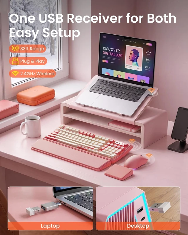 Alt view image 3 of 7 - Wireless Keyboard and Mouse, Backlit with Dual Wrist Rest, Rechargeable | 2.4G RGB, 2 Adjustable Feet, Media Knob, Double-shot Keycaps, Full Size for Mac Win PC Laptop, Raspberry Pink-EWEADN V97 Arc