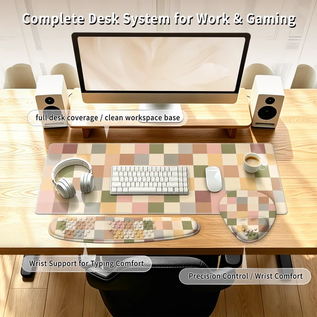 Alt view image 2 of 7 - 3in1 Desk Mat Set with Wrist Rest, Keyboard Mouse Wrist Support Light Plaid | Desk Accessories Including Large Desk Pad, Keyboard Wrist Rest and Mouse Wrist Rest for Computer Office Setup