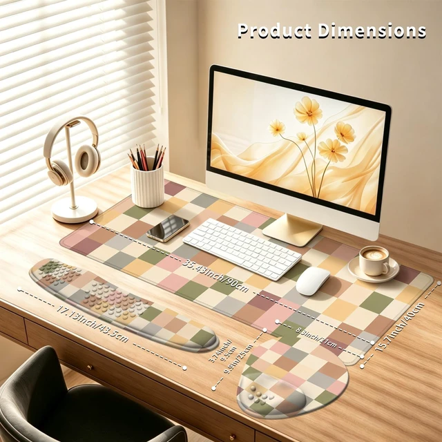 Alt view image 4 of 7 - 3in1 Desk Mat Set with Wrist Rest, Keyboard Mouse Wrist Support Light Plaid | Desk Accessories Including Large Desk Pad, Keyboard Wrist Rest and Mouse Wrist Rest for Computer Office Setup