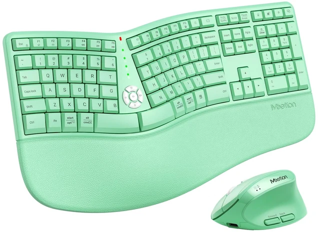 Main image of MEETION Ergonomic Keyboard and Mouse, Wireless Keyboard with Vertical Mouse, Split Curved Keyboard with Wrist Rest, USB C Rechargeable Full Size, Windows/Mac/PC/Laptop, Green