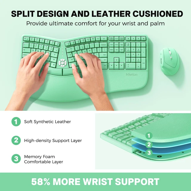 Alt view image 2 of 7 - MEETION Ergonomic Keyboard and Mouse, Wireless Keyboard with Vertical Mouse, Split Curved Keyboard with Wrist Rest, USB C Rechargeable Full Size, Windows/Mac/PC/Laptop, Green